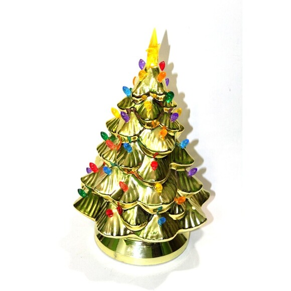 Mr. Christmas Gold Metallic Lights Up Plastic Tree Ornament Battery Works 14"x6"